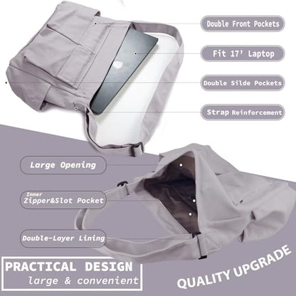 Canvas Messenger Bag Large Hobo Crossbody Bag with Multiple Pockets Casual Shoulder Tote Bag for Women and Men - color: Grey