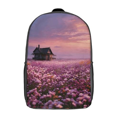 17 In Laptop Backpack Water Resistant Travel Backpack Black | Sunset And Flower Sea, Breathable Airflow Back Panel, Adjustable Ergonomic Shoulder Straps, Foam-Padded Top Carry Handle