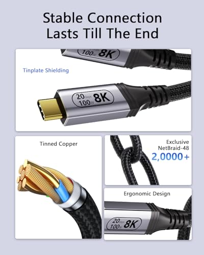 Long USB C to USB C Cable 20ft/6m, USB C 3.2 Gen 2x2 Cable, USB C Video Cable 8K@30Hz & 4K@120Hz, 100W Fast Charging, 20Gbps Data Transfer Compatible with Thunderbolt 4/3, SSD, Display Monitor - size: 20ft