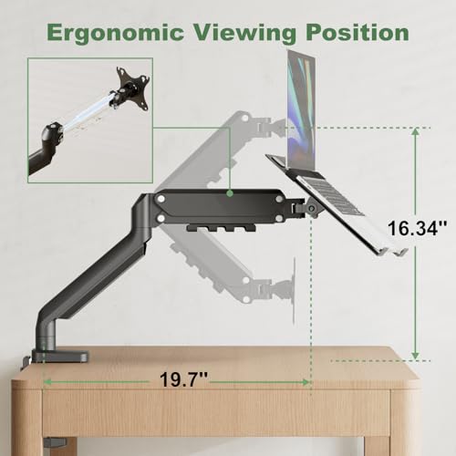 2-in-1 Gas Spring Laptop Desk Mount for 12"-17" Notebook/13"-32" Monitor | Full Motion Adjustable Laptop Desk Stand with Tray, Holds 3.3-17.6lbs, VESA 75/100MM, Clamp-on and Grommet Base