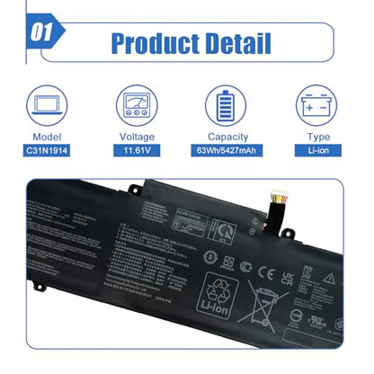 63Wh C31N1914 Laptop Battery Compatible with Asus ZenBook 13 UX425UG ZenBook 14 UX435EA UX435EAL UX435EG UX435EGL UM425QA UM425QA-KI072T UM425UAZ B7402FEA Serie 0B200-03730100 11.61V 5427mAh - size: 10.96*3.36*0.26 inch C31N1914