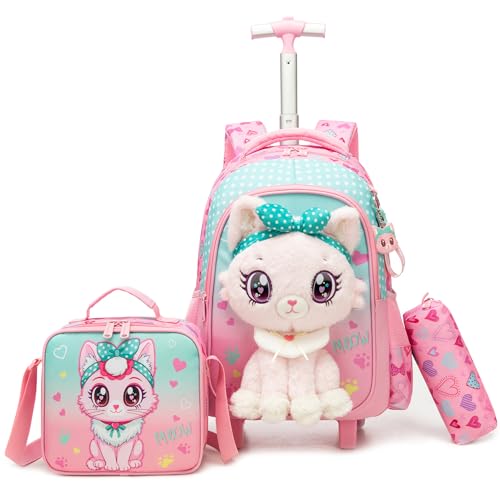 Meetbelify Rolling Backpack for Girls Backpacks with Wheels for Elementary Student Kids School Travel Bag for Girls Ages 6-8 Years Old - color: Pink