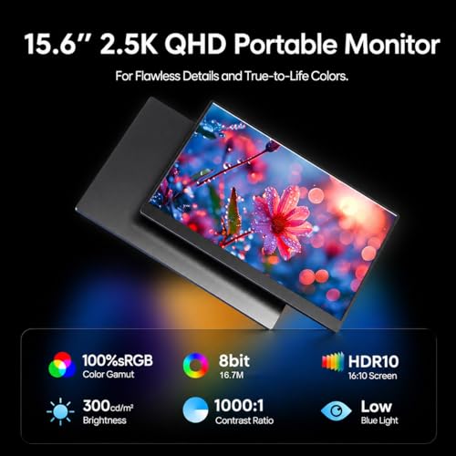 2.5K Portable Monitor, 15.6 inch 2560x1600 QHD External Monitor 100% sRGB Eye Care USB-C HDMI Second Screen for Laptop Mac Phone PS4/5 Xbox Switch