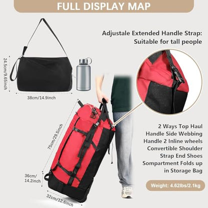Rolling Duffle Bag with Wheels,86L 30”Carry on Luggage with Wheels,Folding Travel Bag,Duffle Backpack with Separate Shoe Compartment (Red) - color: Red