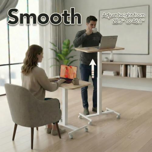 HUANUO Small Rolling Laptop Standing Desk, Height Adjustable Mobile T-Base Desk with Lockable Casters, Portable Sit-Stand Workstation for Bedside & Sofa, Light Walunt - color: Light Walnut