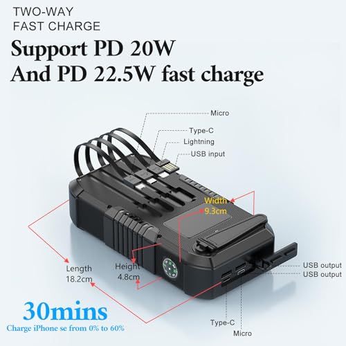 Solar Power Bank 66800mAh Built in Hand Crank and 4 Cables 22.5W Fast Charge, Camping Essentials with SOS/Strobe/Strong Flashlights, Compass Portable Charger (Black) - color: Black