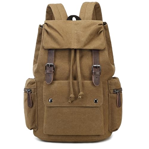 Retro Canvas & Leather Laptop Backpack, 15.6 Inch Durable Unisex Bag for Hiking, Work & Travel, Water Resistant Daypack - color: Coffee