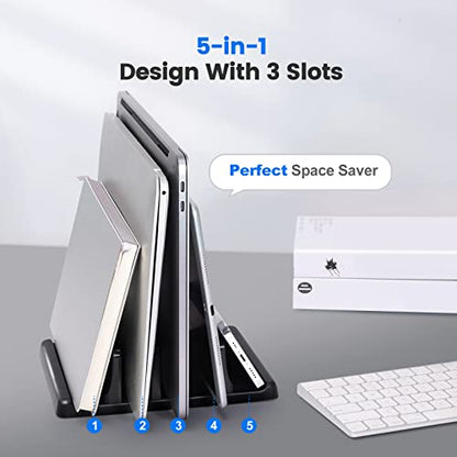 3-Slot Vertical Laptop Stand Holder,Adjustable ABS Plastic Desktop Notebook Dock,Vertical Laptop Stand Space-Saving for All MacBook/Surface/Samsung/HP/Dell/Chrome Book - size: 3-Slot