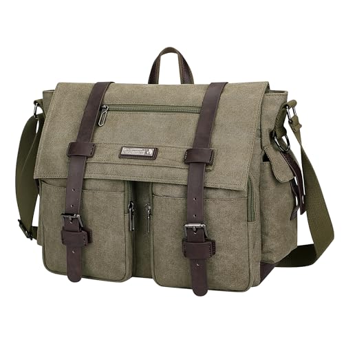 WITZMAN Vintage Canvas Messenger Bag for Men and Women Large Satchel Bags Crossbody Shoulder with 16 inch Laptop - color: Army Green