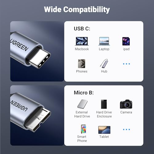 UGREEN 10Gbps USB C to Micro B Cable 1.5FT for External Hard Drive | 10Gbps transfer speed, braided shield, 40000+ bend tests, aluminum alloy shell, wide device compatibility - size: 1.5 FT