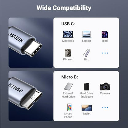 UGREEN 10Gbps USB C to Micro B Cable 1.5FT for External Hard Drive | 10Gbps transfer speed, braided shield, 40000+ bend tests, aluminum alloy shell, wide device compatibility - size: 1.5 FT