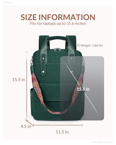 Leather Laptop Backpack 15.6 inch Womens Computer Bag Green | 3-in-1 laptop purse: Dedicated 15.6" Compartment, 7-Pocket Organizer, Colorful Shoulder Strap, Work & Travel Ready - color: Green