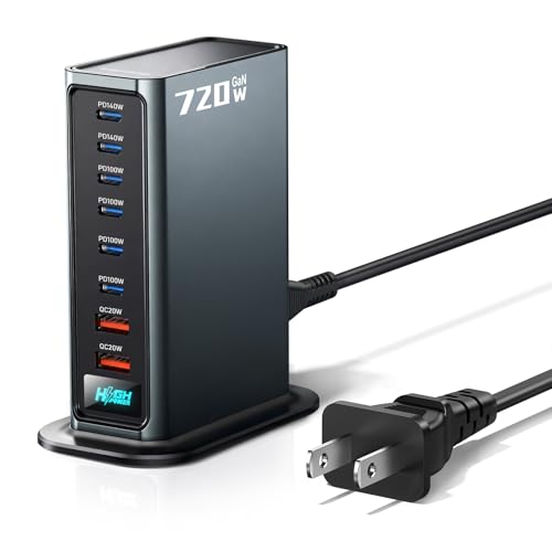 Rocoren 720w USB C Charger Block, 8-Port USB Charging Station with Dual PD 140W Fast Charging Station Hub for Multiple Devices, Laptop GaN Ⅲ Charger for iPhone 17, MacBook Pro/Air, iPad, Samsung