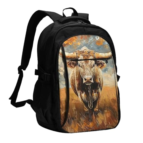 Travel Laptop Backpack With Usb Charging Port - Longhorn Cow Rural Texas Western Pasture Rustic 15.6 Inch Anti-Theft Business Backpack For Men Women, Carry On Bag With Hidden Pocket