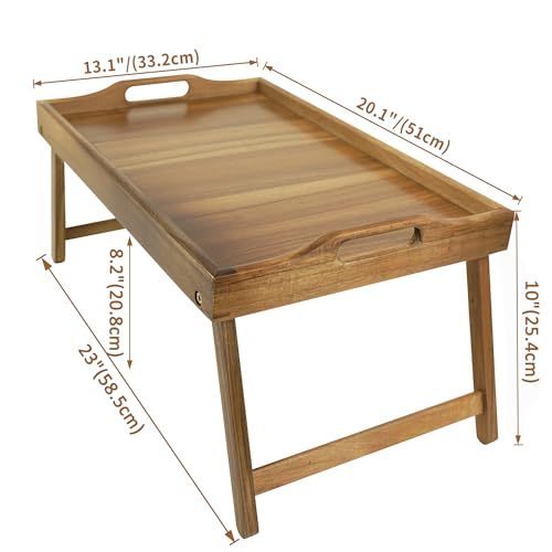 Utoplike Acacia Bed Tray Table for Eating, Large Breakfast Tray with Folding Legs, Wood Serving Trays for Laptop Working - size: Large