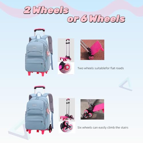 Solid Color Girls Rolling Backpack with Wheels Schoolbag Elementary School Student Trolley Daypack - color: A-pink - Two Wheels, size: 2 Wheels