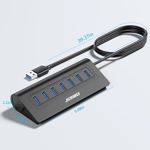 USB Hub 3.0, JESWO Aluminum 7 Port USB 3.0 Hub with 3.3Ft Cable, USB Splitter with 7-USB3.0 Data Ports Compatible with MacBook, Laptop,Surface Pro, PS5, PC and More (No Power Adapter Included) - color: Black