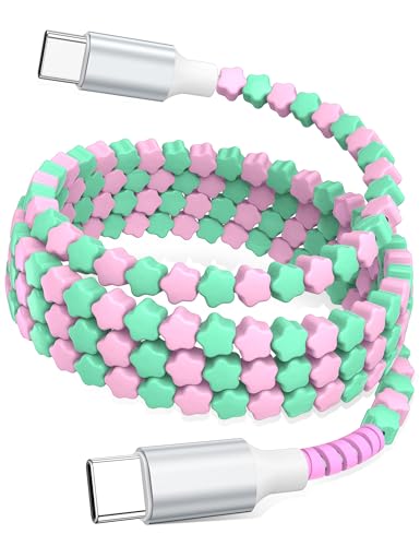 USB C to USB C Cable 6FT,60W Fast Charging Beaded Charger Cord for iPhone 17 16 Pro Max 15/iPad Pro 11th Air for Samsung S26 S25 S24 S23 A17/Android Phone Charger Cord Cute Girl Women,Pink-Green Star - color: Pink-Green Star Beaded, size: 6FT/2M