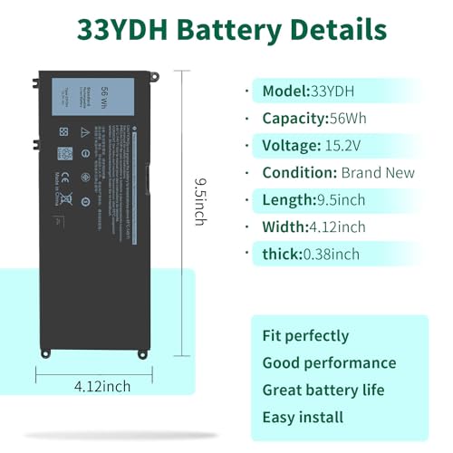 DMKAOLLK 56WH 33YDH Laptop Battery for Dell Inspiron 17 7000 7778 7779 7786 7773 15 7577 G3 3579 3779 G5 5587 G7 7588 Latitude 13 3380 14 3490 15 3590 3580 PVHT1 P30E 81PF3 081PF3 12 Months Warranty - size: 9.5*4.12*0.38inch
