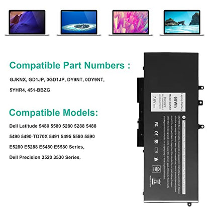 Fancy Buying 68Wh GJKNX Laptop Battery Replacement for Dell Latitude 5480 5580 5490 5590 5491 5591 5495 5488 Notebook 0GD1JP GD1JP DY9NT 0DY9NT 5YHR4 KCM82 0KCM82 - size: 9.45*4.09*0.28inch