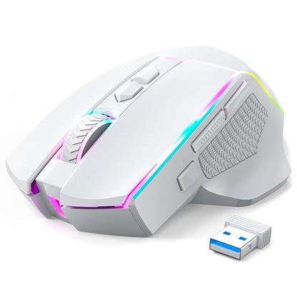 Redragon Wireless Gaming Mouse, Tri-Mode 2.4G/Bluetooth/USB-C, 7 Programmable Buttons, Tactile Rapid Fire Key, 24000 DPI RGB Ergonomic Mouse for PC Windows Gaming & Work, M814W - color: White