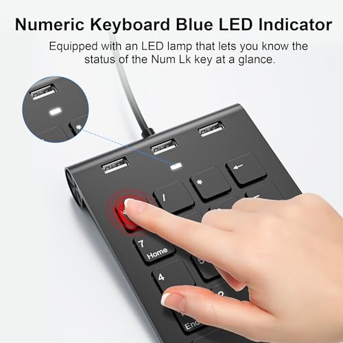 18 Key Wired Numeric Keypad with 3 Port USB 2.0 Hub, USB C & USB A Slim Portable Numpad for Laptop, Desktop, PC, MacBook, Efficiency Financial Accounting Num Pad USB c Support Plug and Play