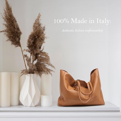 Italian Leather Tote Bag for Women - Large Shoulder Shopper, Fits 16” Laptop, Keychain Holder, Made in Italy - color: Dark Brown