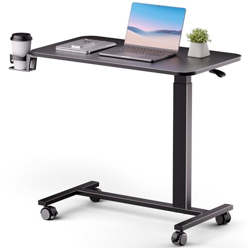 COMHOMA Adjustable Overbed Bedside Table with Lockable Wheels, Pneumatic Mobile Standing Laptop Desk, Small Standing Desk Portable Rolling Overbed Table Hospital Home Use(32" W x 18" D, Black) - color: Black, size: Large