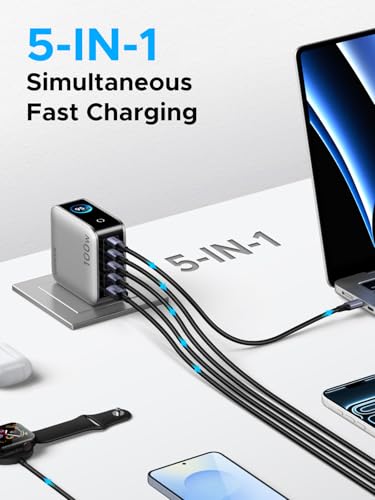 UGREEN Nexode Pro 100W GaN USB C Charger, 5-Port Fast Type-C Wall Charger Block with Smart Display Compatible with MacBook Pro/Air, iPhone 17/16 Series, Galaxy, iPad Pro, Steam Deck