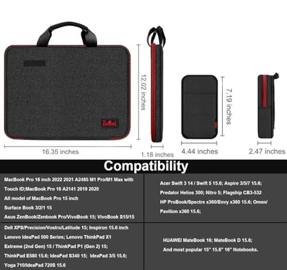 Laptop Case 15.6 Inch Briefcase Military-Grade Protection with Detachable Belt Bag, Compatible All Model of 15-16 Inch MacBook Pro and Most Popular 15.6 Inch Notebooks Chromebooks (Black Red) - color: Black Red