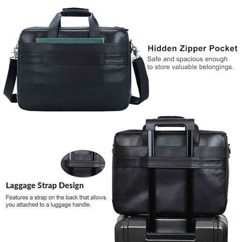 TIDING Leather Briefcase for Men 17.3" Laptop Business Travel Messenger Bag | Large Opening Main Compartment, Detachable Laptop Sleeve, Multi Pockets, Luggage Strap, Anti-theft Pocket - color: Black