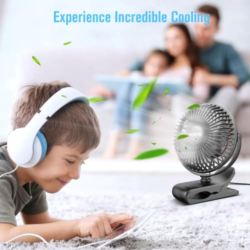 HONYIN 720° Rotation Small Desk, Hang & Clip on Fan by USB Plug In | Sturdy Clamp, 3 Speeds, Quiet Little Personal Cooling Fan for Bedroom Office Desktop Treadmill - color: Black