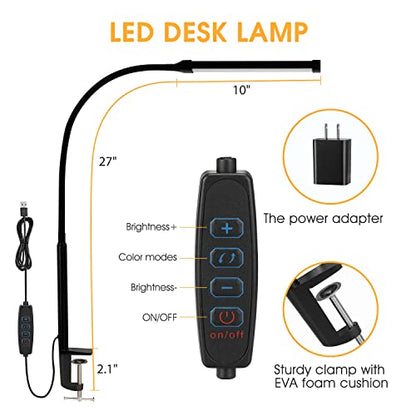 Voncerus LED Desk Lamp with Clamp, Eye-Caring Clip on Lights for Home Office, 3 Modes 10 Brightness, Long Flexible Goose-Neck, Metal, Swing Arm Architect Task Table Lamps with USB Adapter, Black - color: ‎S1 Black