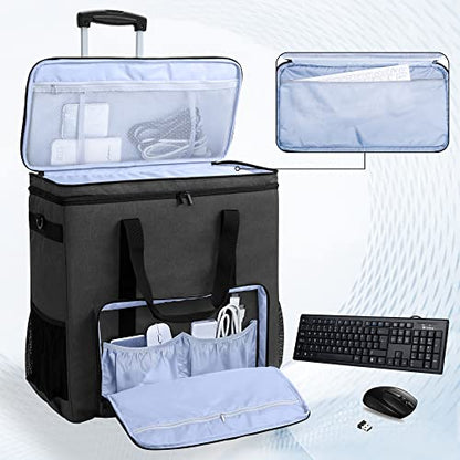 Rolling PC Carrying Case, Double Layers Desktop Tower Bag, Black | Wheeled Computer Desktop Tower Case with Shoulder Straps Fit ATX/M-ATX Motherboards, Keyboard, Mouse, Cables & Earphones - color: Black