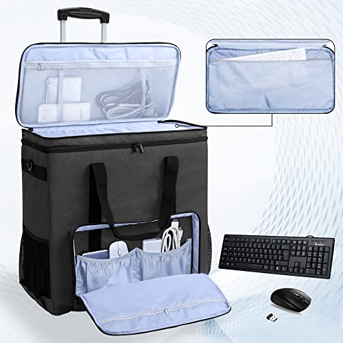 Rolling PC Carrying Case, Double Layers Desktop Tower Bag, Black | Wheeled Computer Desktop Tower Case with Shoulder Straps Fit ATX/M-ATX Motherboards, Keyboard, Mouse, Cables & Earphones - color: Black