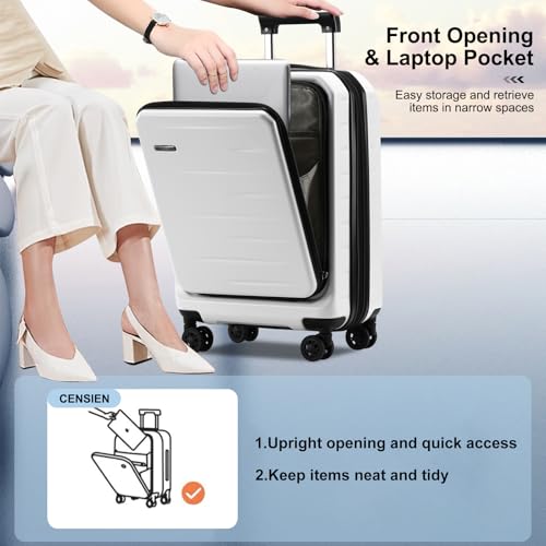CENSIEN Expandable Luggage Sets, 20 Inch Carry On Luggage 28 Inch Suitcases | 20in Front Open Laptop Pocket Luggage,28in Top Open Trunk Suitcase,Lightweight ABS+PC Hardshell,YKK Zipper,Travel Bags,White - color: White, size: 20/28 Inch EXT
