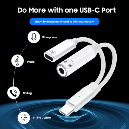 One-to-Two USB-C to 3.5mm Headphone/USB-C Charger Adapter with PD100W Fast Charging Cable, Compatible with iPhone 16/15 Pro Max, iPad, MacBook, Samsung Galaxy S25, S24, S23, Pixel Ultra, etc. (White) - color: white