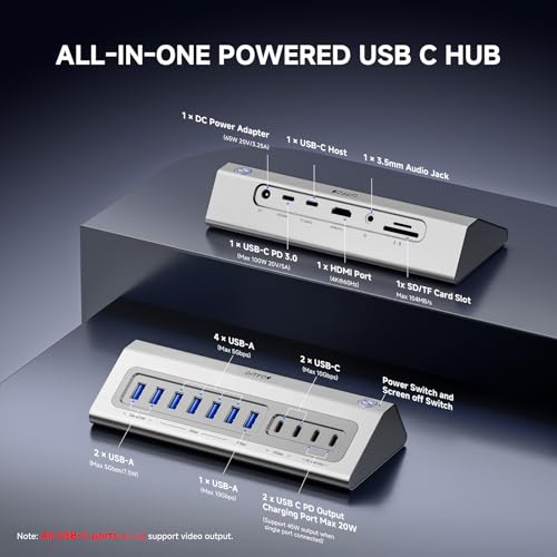 Giftos Powered USB Hub, 18 in 1 USB 3.2 Hub with 4K HDMI, PD 100W,45W Charge,10Gbps USB,SD/TF,Audio, 65W Adapter,3.3FT Cable,Aluminum,Smart Button, USB Hub for Mac, Mac mini, iMac,iPhone 17/16,iPad - size: 18 IN 1
