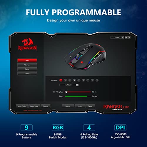Redragon Gaming Mouse, Wireless Mouse Gaming with 8000 DPI, PC Gaming Mice with Fire Button, RGB Backlit Programmable Ergonomic Mouse Gamer, Rechargeable, 70Hrs for Windows, Mac Gamer, Black - color: Black, style: 2.4G/ Wired