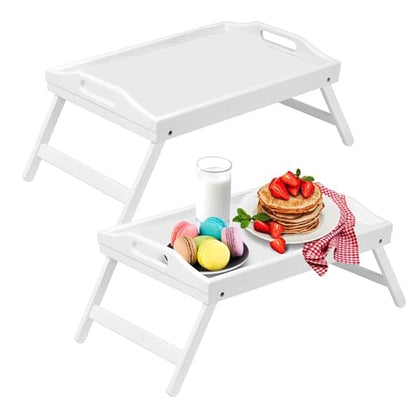 Artmeer Bed Tray Table with Foldable Legs,Bamboo Breakfast Tray with Handles Ideal for Sofa, Bed, Eating,Working,Used As Laptop Desk Snack Tray 2 Pack(White) - color: White-2 Pack
