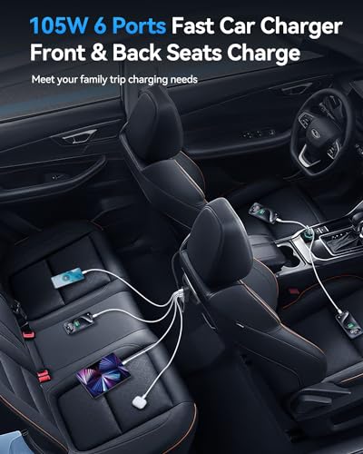 Rocoren 105W 6‑Port PD USB‑C Car Charger with 5FT Cable, Travel Essentials | Cigarette Lighter Adapter Powers Multiple Devices At Once, Car Accessory For Road Trips And Compatible With IPhone 17/16