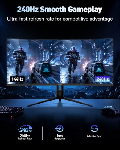 KOORUI 34 Inch 240Hz WQHD 3440x1440 Ultrawide Curved Gaming Monitor, 1500R | 1ms, AMD FreeSync Premium, G-SYNC Compatible, HDR400, 98% DCI-P3, HDMI 2.1, DP 1.4, VESA Mountable for Gaming, Work and Play - size: 34inch 240Hz/WQHD/Curved