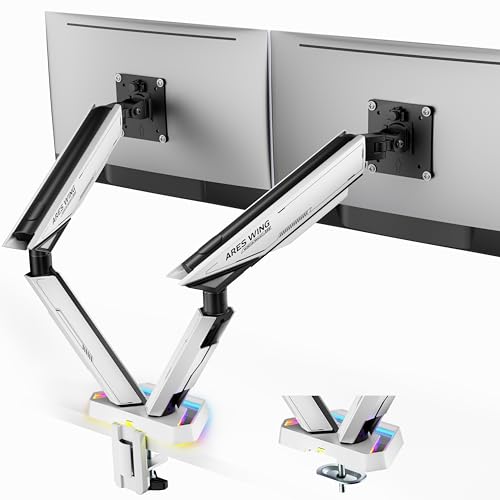 ARES WING RGB Dual Monitor Arm Desk Mount for 17-38 inch Monitors, Grey | Heavy Duty Dual Monitor Stand Holds 35.2 lbs, Adjustable Ultrawide Monitor Arm with Clamp & Grommet Base, 75/100 VESA - color: White, size: 17"-38"