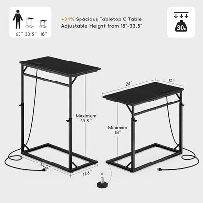 C Shaped End Table with Charging Station, C-Table End Table Adjustable Height Side Table for Couch, Large Couch Tables,Slide Under Sofa Tables TV Tray Arm Tables for Living Room,Bedroom,Black - color: Black, style: With Plug
