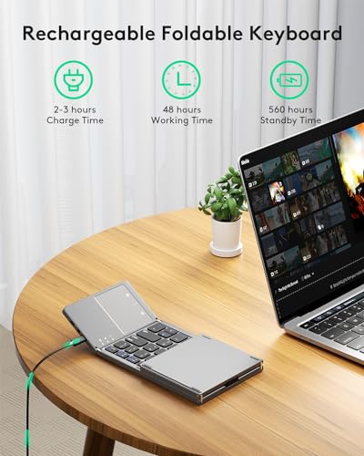 Samsers Foldable Bluetooth Keyboard with Touchpad, Ultra Slim Compact -Grey | Multi-touch Trackpad, Full Size, Phone Holder, USB-C Charging, 3 Device, for Android Windows iOS Mac OS, Mobile Productivity - color: Grey, size: 3-Device