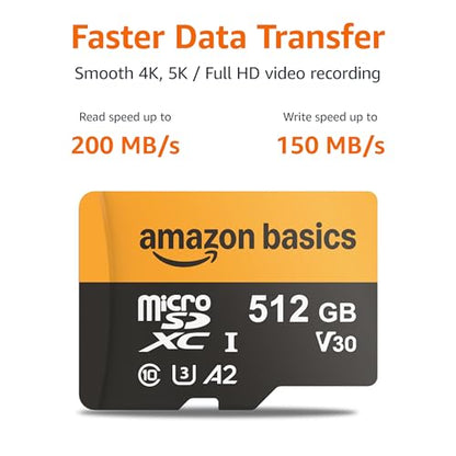 Amazon Basics 512GB microSDXC Card with Adapter for Tablets, Smartphones, Action Cameras, GoPRO, Drones, Full HD, Read Speed Up to 200MB/s, 1-Pack - size: 512GB