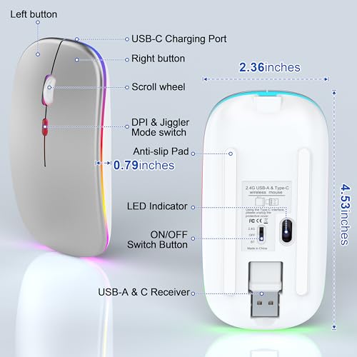 Gizdot-R1 LED Mouse for MacBook Air/iPad/Laptop, Silver | MacBook Air/iPad/Laptop Compatible, Silent Mouse with USB-C, Built-in Mouse Jiggler, 4-Mode - color: Silver