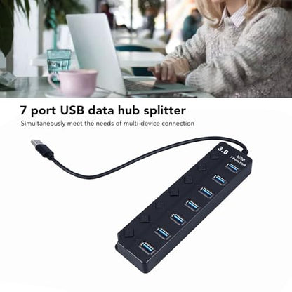 Powered USB 3.0 /USB C Hub, Multi Port Splitter, ABS 7-Port USB Hub Splitter Adapter Individual On/Off Switches and for Laptop PC Mobile Devices