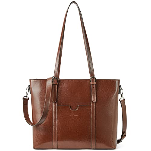BOSTANTEN Genuine Leather Laptop Bag for Women 15.6'' Briefcase Tote Bags | Laptop Compartment, Structured, Professional, Detachable & Adjustable Shoulder Strap, Metal Feet, Work, Office, Business - color: B-coffee