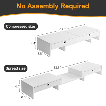 LAPTAIN Wooden Dual Monitor Stand with 2 Drawers, Monitor Stand Riser with Adjustable Length and Angle, Solid Wood Desktop Organizer Stand for Laptop/PC/Computer, No Assembly Required